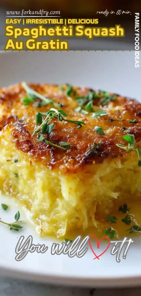 Spaghetti Squash Au Gratin – Healthy u0026 Cheesy Pin-Worthy Delight Crispy golden spaghetti squash au gratin slice topped with herbs on a white plate, close-up vertical shot