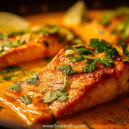 seared salmon fillets in creamy coconut curry sauce with cilantro and lime