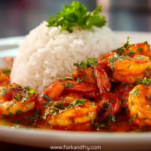 Spicy garlic shrimp in rich sauce served with white rice, garnished with fresh parsley