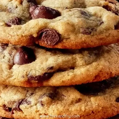 Stack of golden brown chocolate chip cookies with gooey chocolate chips