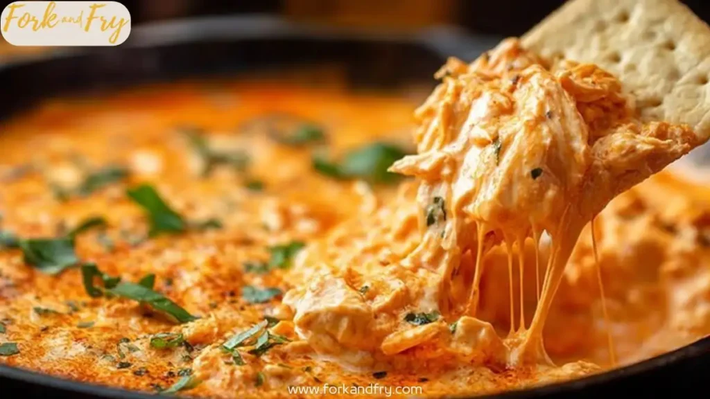hot buffalo chicken dip in skillet with cracker pulling melted cheesy dip topped with herbs