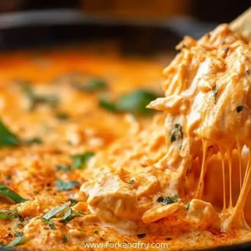hot buffalo chicken dip in skillet with cracker pulling melted cheesy dip topped with herbs