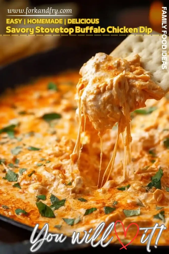 Savory Stovetop Buffalo Chicken Dip Recipe skillet of melted buffalo chicken dip with cracker pulling cheesy portion, vertical format for Pinterest