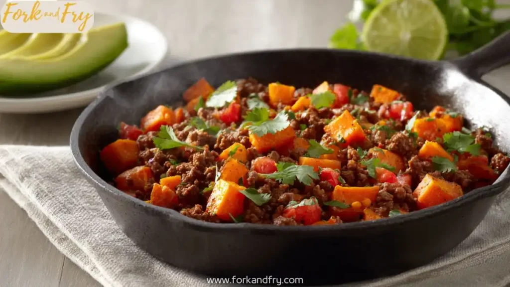 Hearty ground beef and sweet potato skillet with tomatoes, herbs, and cilantro in a cast iron pan