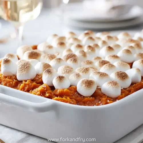 sweet potato casserole topped with toasted marshmallows in a white baking dish
