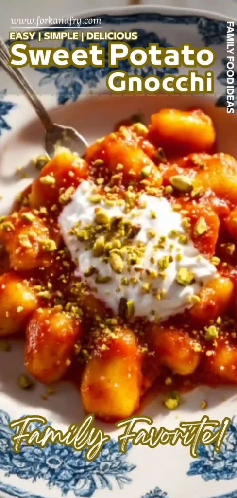Sweet Potato Gnocchi – Easy, Delicious u0026 Family-Approved Recipe Sweet potato gnocchi with tomato sauce, whipped ricotta, and pistachios on floral plate with text overlay