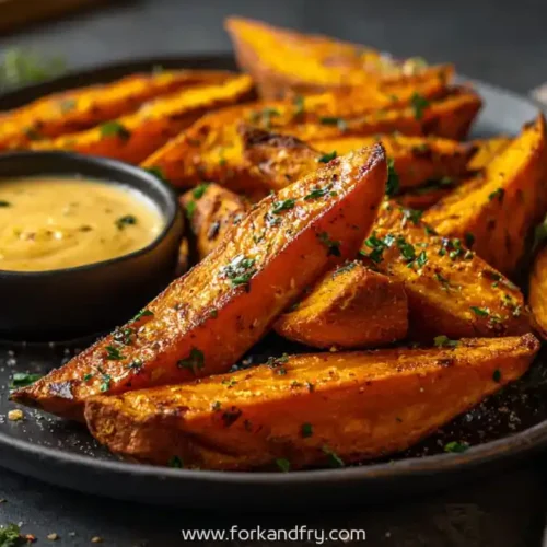 crispy seasoned sweet potato wedges with creamy dipping sauce on dark plate