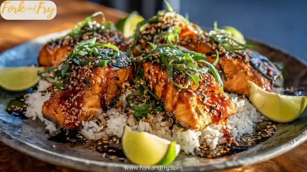 teriyaki-glazed salmon on rice with sesame seeds, scallions, and lime wedges