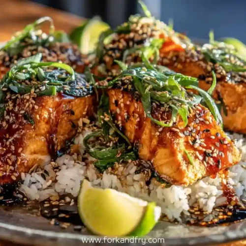 teriyaki-glazed salmon on rice with sesame seeds, scallions, and lime wedges