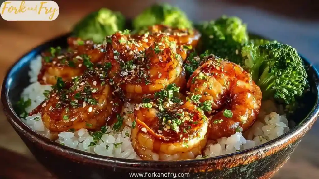 Sticky teriyaki shrimp over jasmine rice with sesame seeds and broccoli in a black ceramic bowl