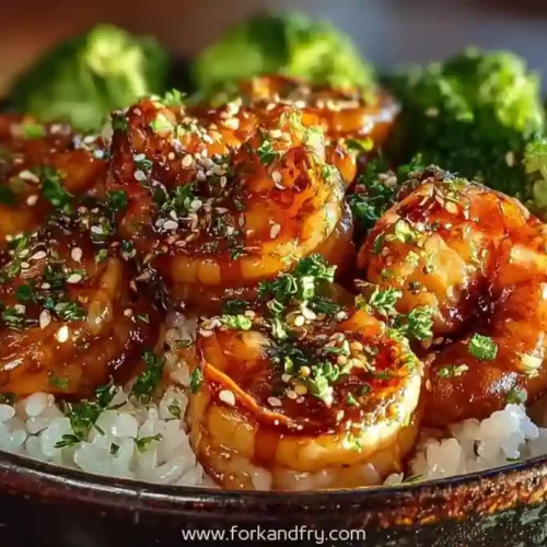 Sticky teriyaki shrimp over jasmine rice with sesame seeds and broccoli in a black ceramic bowl