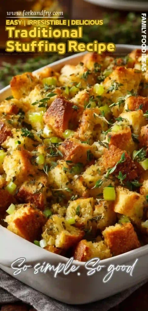 Traditional Stuffing Recipe Toasted Bread and Herbs Toasted bread stuffing with herbs and celery in white baking dish with text overlay