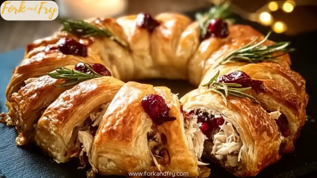 holiday crescent ring with turkey, cranberries, and rosemary on a slate board