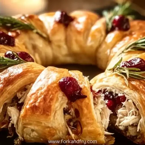 holiday crescent ring with turkey, cranberries, and rosemary on a slate board
