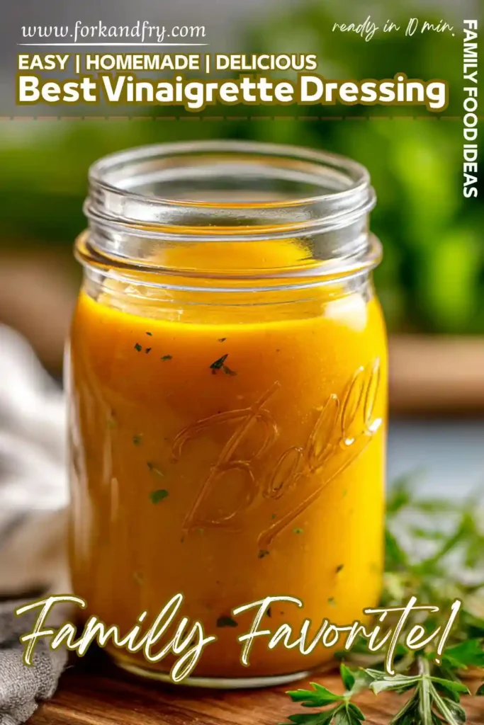 Glass mason jar filled with vibrant orange vinaigrette dressing, garnished with herbs and styled on a wooden surface
