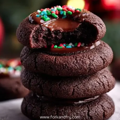 Chocolate thumbprint cookies with gooey chocolate center topped with colorful holiday sprinkles.
