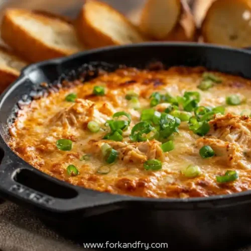 Hot creamy crab dip in a cast iron skillet, topped with melted cheese and green onions, served with sliced baguette.