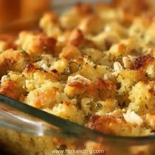 golden rotisserie chicken stuffing casserole in glass dish with herbs
