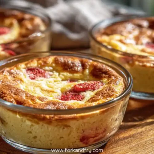 golden baked protein pancake bowls with strawberries in glass ramekins