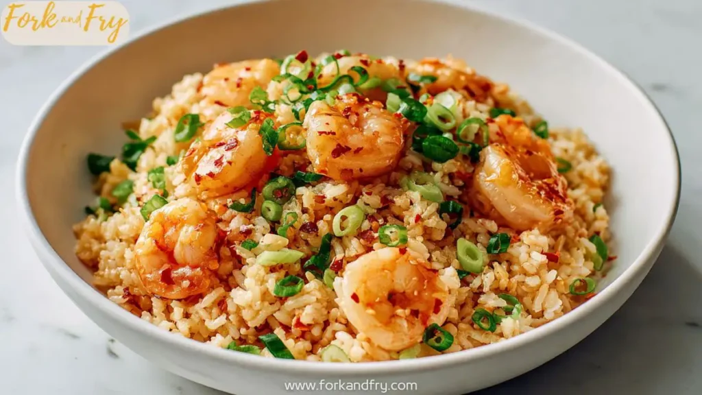 Garlic shrimp fried rice topped with green onions and chili oil in a white bowl