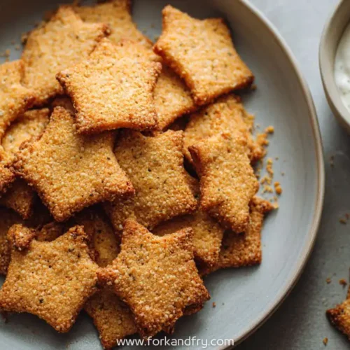 Whole grain cheese crackers stacked on a plate with creamy yogurt dip, crispy baked snack