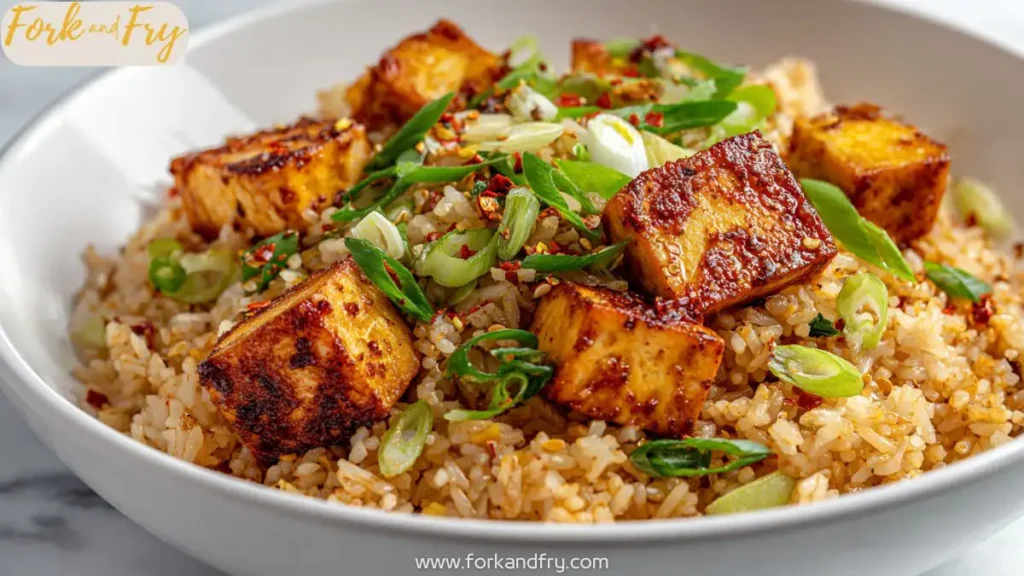 Spicy garlic tofu fried rice topped with crispy tofu cubes, green onions, and chili flakes