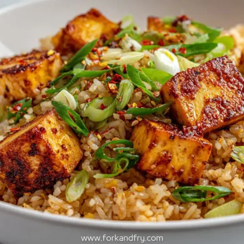 Spicy garlic tofu fried rice topped with crispy tofu cubes, green onions, and chili flakes