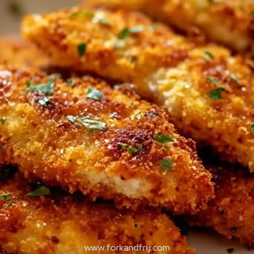 crispy golden baked chicken tenders on white plate with parsley garnish