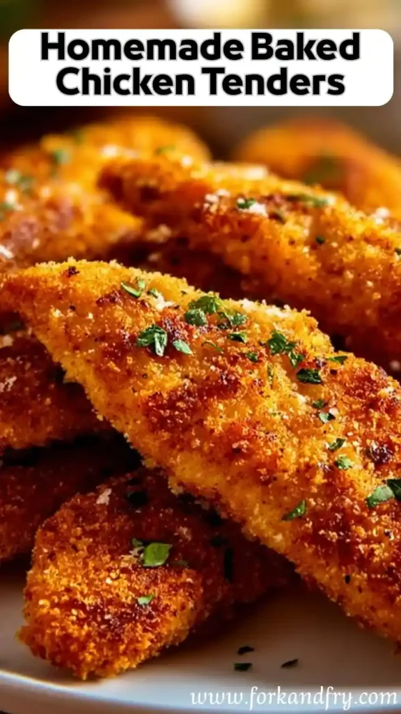 Homemade Baked Chicken Tenders – Crispy and Golden crispy homemade baked chicken tenders stacked on white plate with golden breadcrumb coating