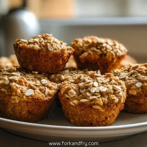 close-up of golden baked oatmeal protein muffins topped with oats on white plate