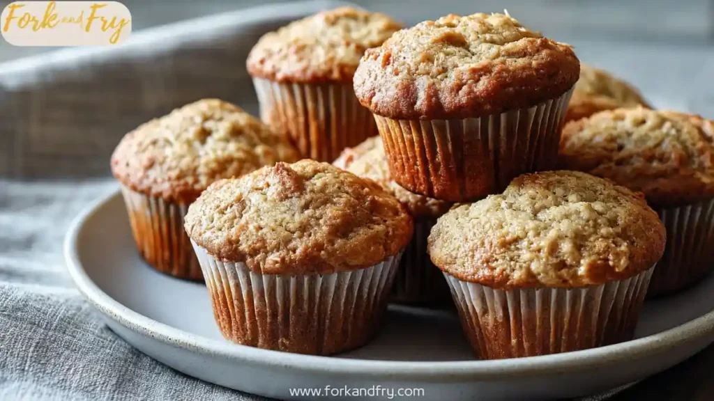 freshly baked banana almond muffins stacked on a ceramic plate