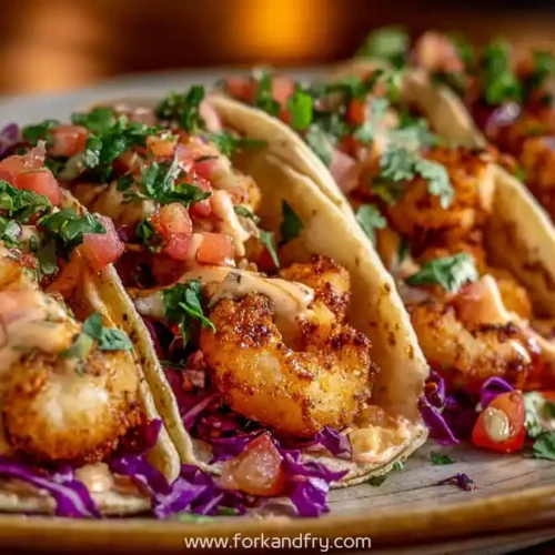 Crispy shrimp tacos in soft tortillas with shredded cabbage, pico de gallo and creamy sauce