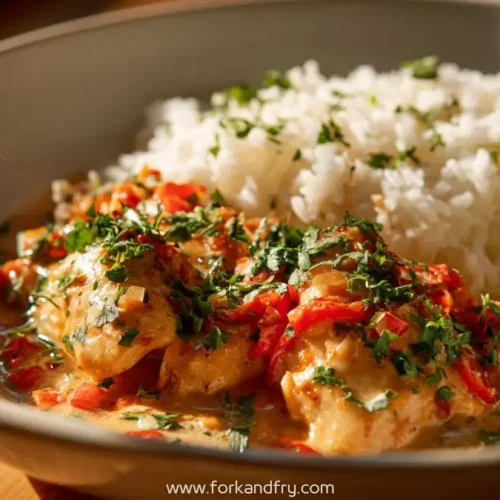 Brazilian coconut chicken in creamy sauce with red peppers, fresh herbs, white rice, and lime wedge in a bowl