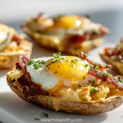 twice baked breakfast potatoes with eggs, bacon, cheese and herbs on white serving board