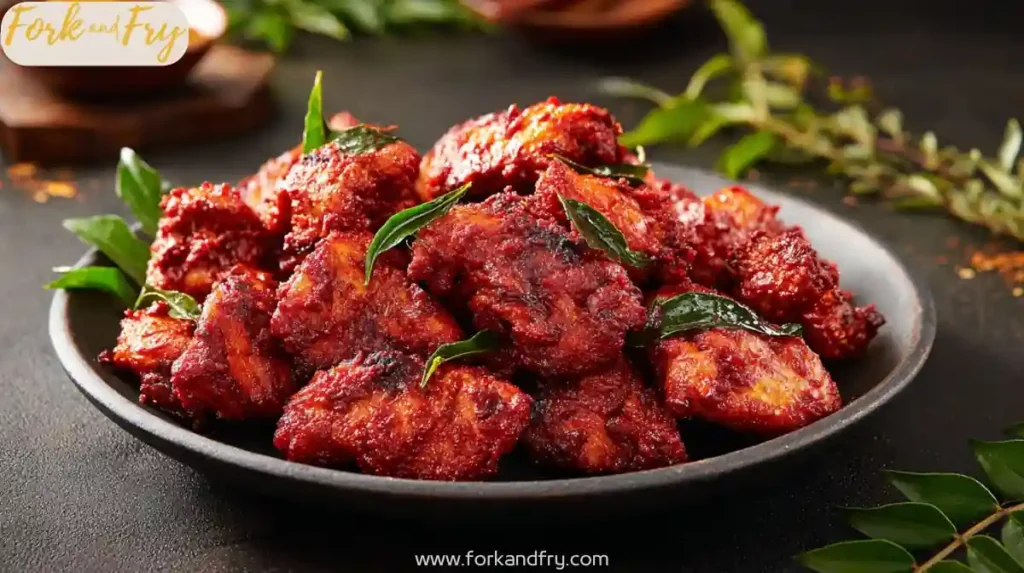 spicy chicken ghee roast served on black plate with curry leaves, South Indian style