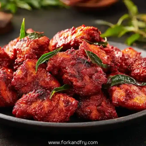 spicy chicken ghee roast served on black plate with curry leaves, South Indian style