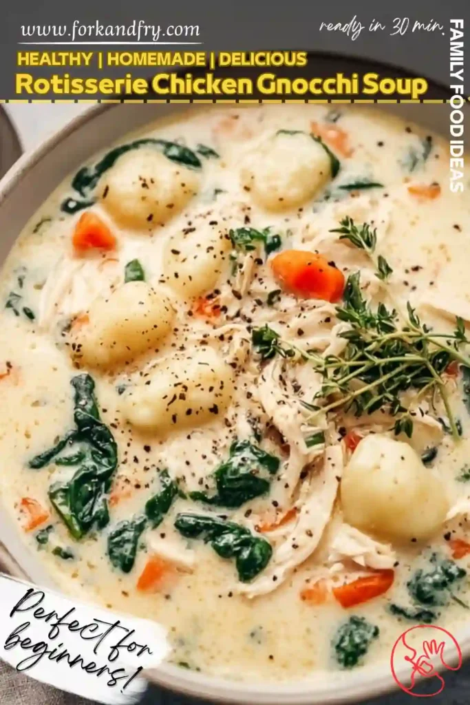 Easy Rotisserie Chicken Gnocchi Soup creamy chicken gnocchi soup with spinach and carrots in a white bowl