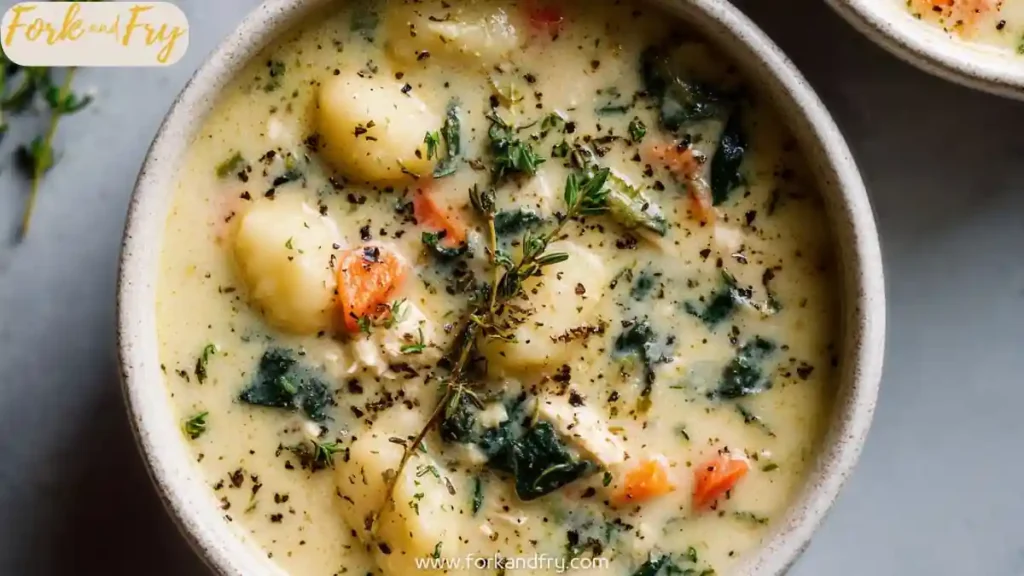 creamy chicken gnocchi soup with spinach carrots and herbs in a white bowl