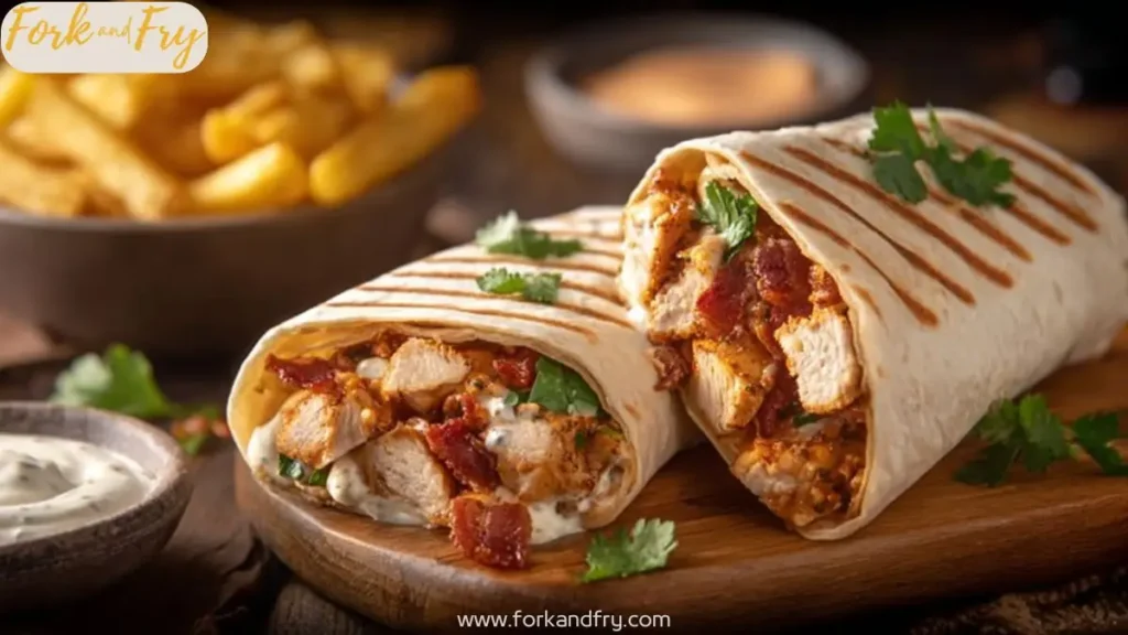 Grilled chicken ranch wraps cut in half, filled with creamy sauce, bacon, and herbs on a wooden board
