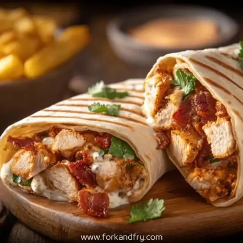 Grilled chicken ranch wraps cut in half, filled with creamy sauce, bacon, and herbs on a wooden board