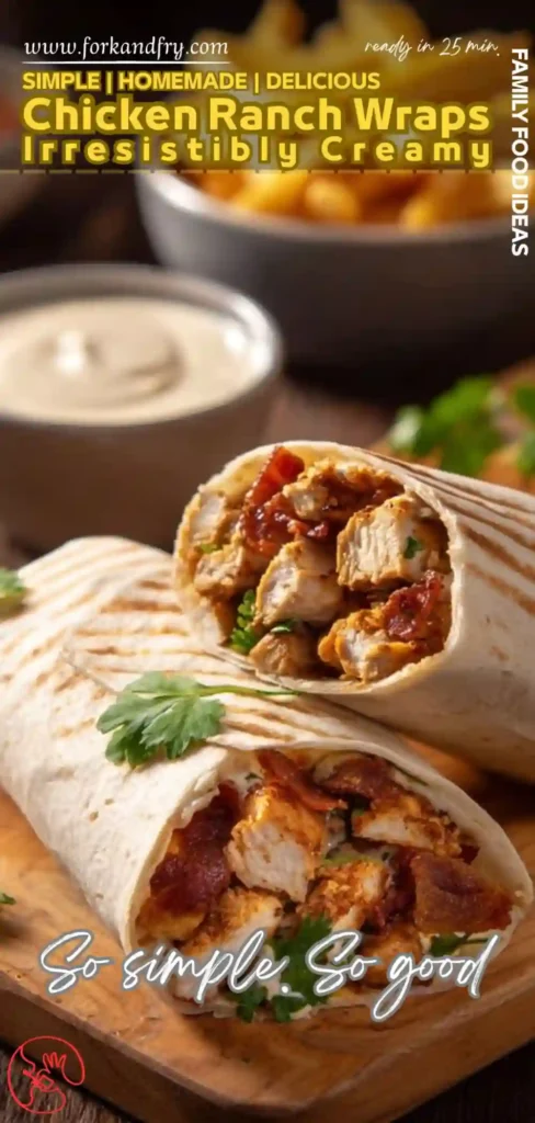 Chicken Ranch Wraps – Creamy, Crispy u0026 Ready in 25 Minutes Grilled chicken wraps filled with ranch, bacon, and herbs on a wooden board with dipping sauce