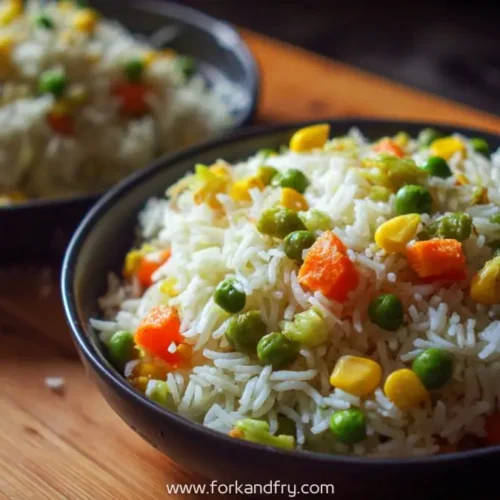 Basmati rice mixed with carrots peas corn and broccoli served in black bowls on wooden board