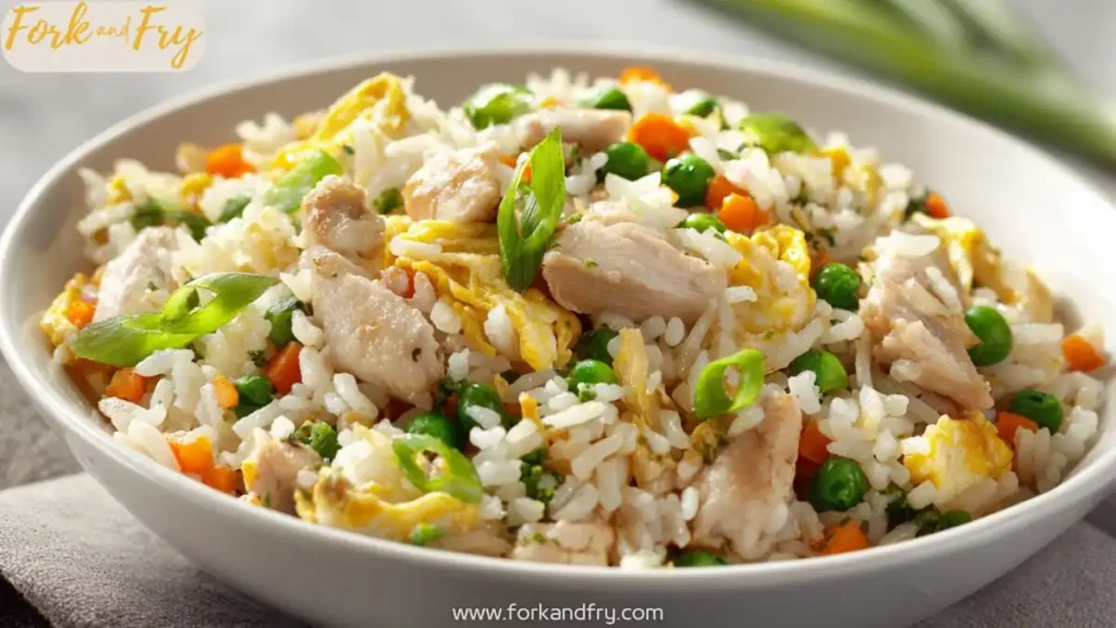 closeup of classic chicken fried rice with diced carrots, peas, scallions and egg in a white bowl