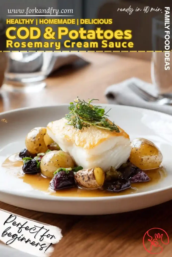 Cod and Potatoes with Rosemary Cream Sauce seared cod with roasted potatoes and rosemary sauce on white plate