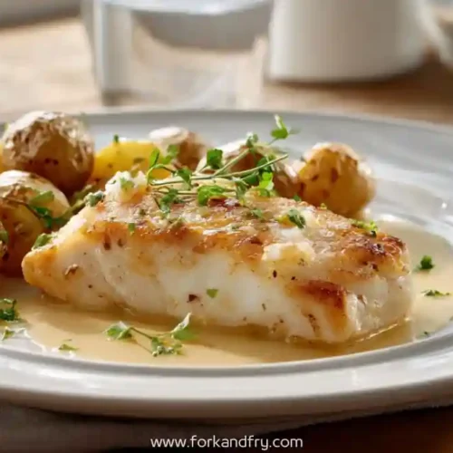 eared cod fillet with baby potatoes and rosemary cream sauce on white plate