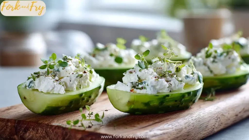 halved cucumbers filled with herbed cottage cheese and fresh thyme on a wooden board