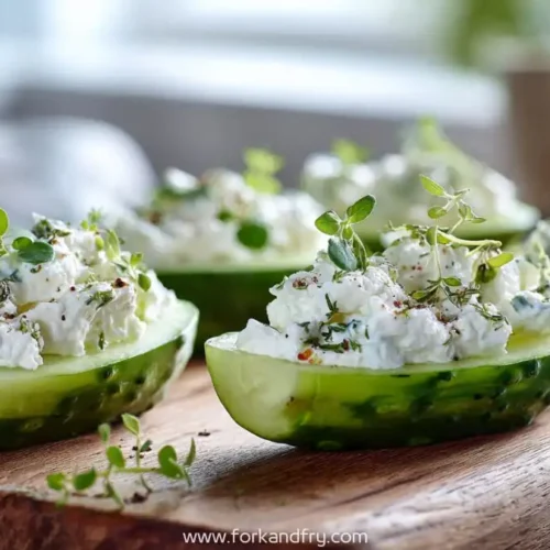 halved cucumbers filled with herbed cottage cheese and fresh thyme on a wooden board