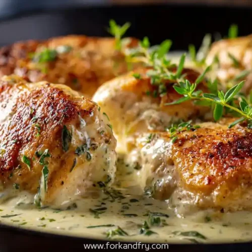 golden-seared cream cheese chicken thighs simmering in creamy herb sauce, topped with thyme
