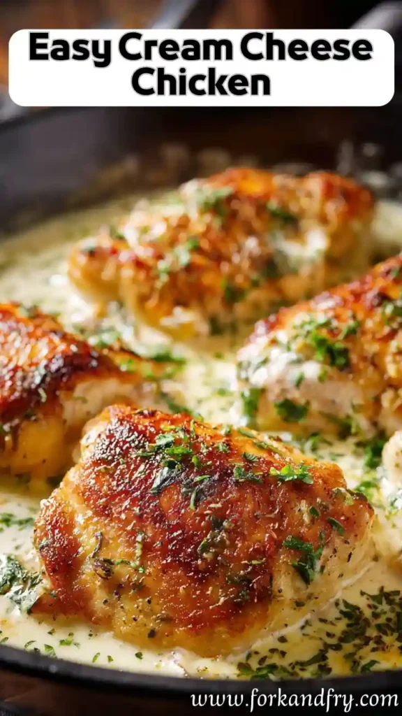Easy Cream Cheese Chicken in Skillet crispy golden cream cheese chicken thighs in skillet with creamy sauce and herbs