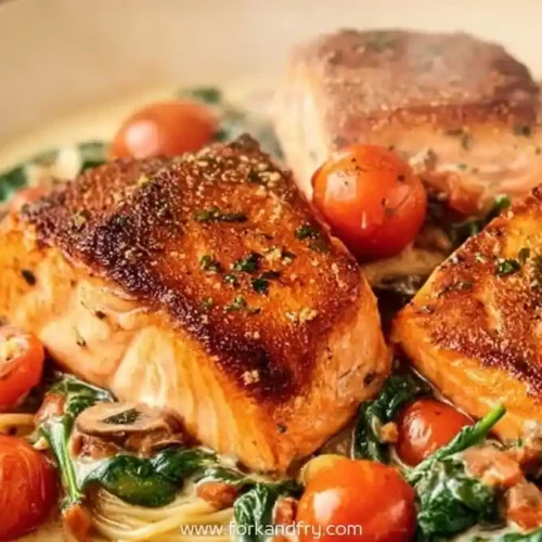 seared salmon fillets in creamy Tuscan sauce with spinach, cherry tomatoes, and garlic